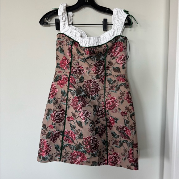 MAJORELLE Off-Shoulder Floral Lace-Up Mini Dress in Beige, Pink and Green - Picture 4 of 5